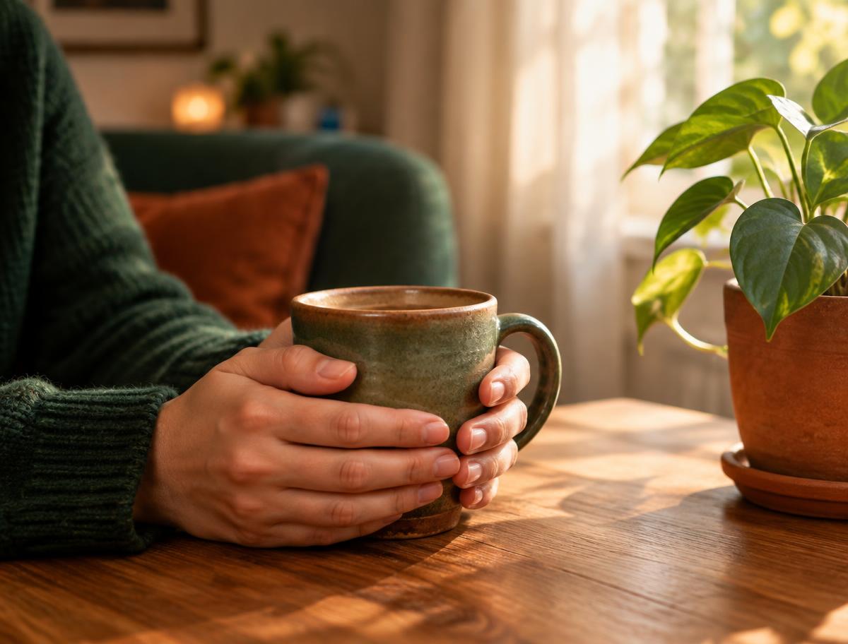 Mãos segurando uma caneca quente ao lado de uma planta, em luz suave de janela