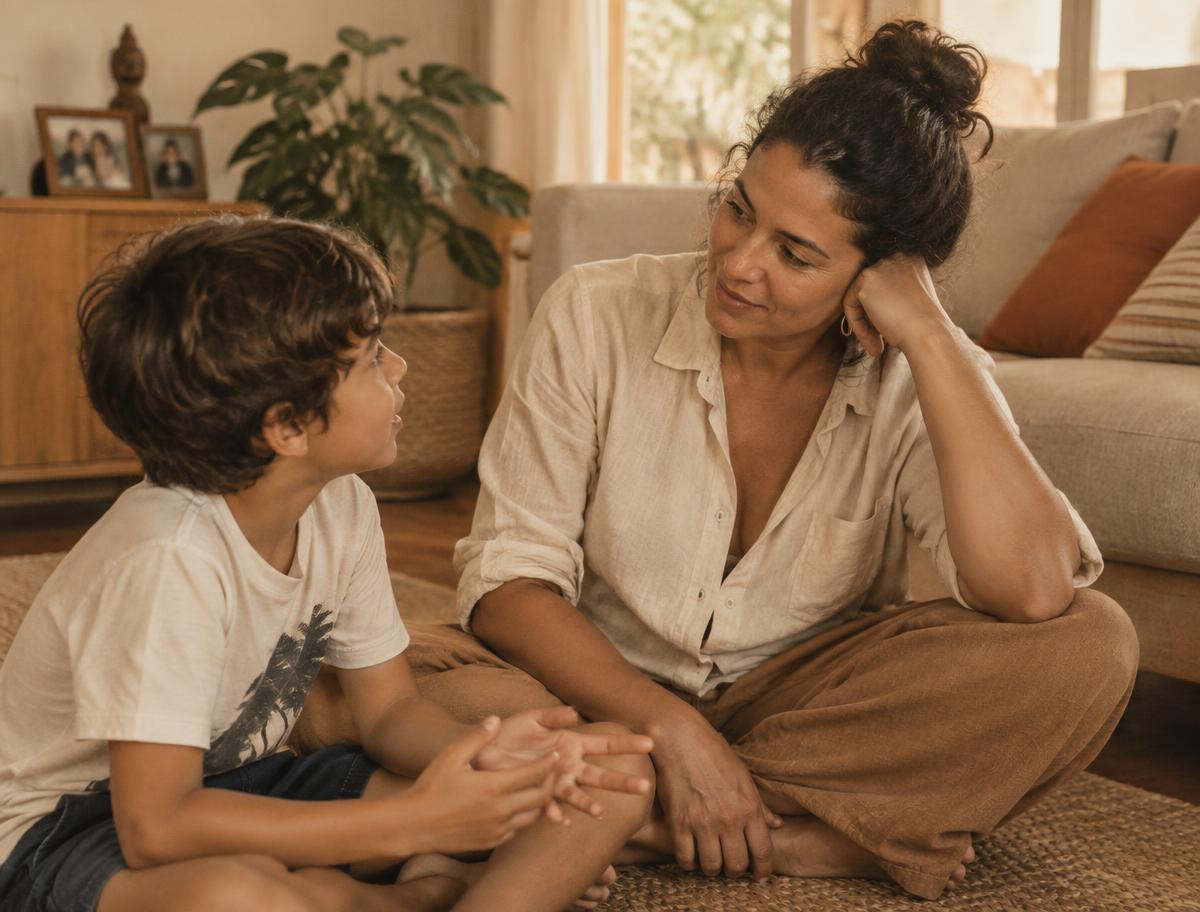 Mãe e filho sentados no chão da sala, conversando